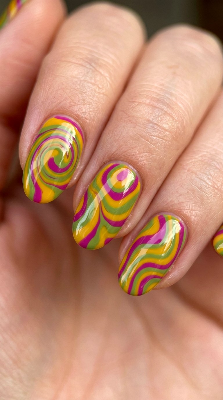 Retro Psychedelic Swirls - 23 Bright Spring Multicolor Nails