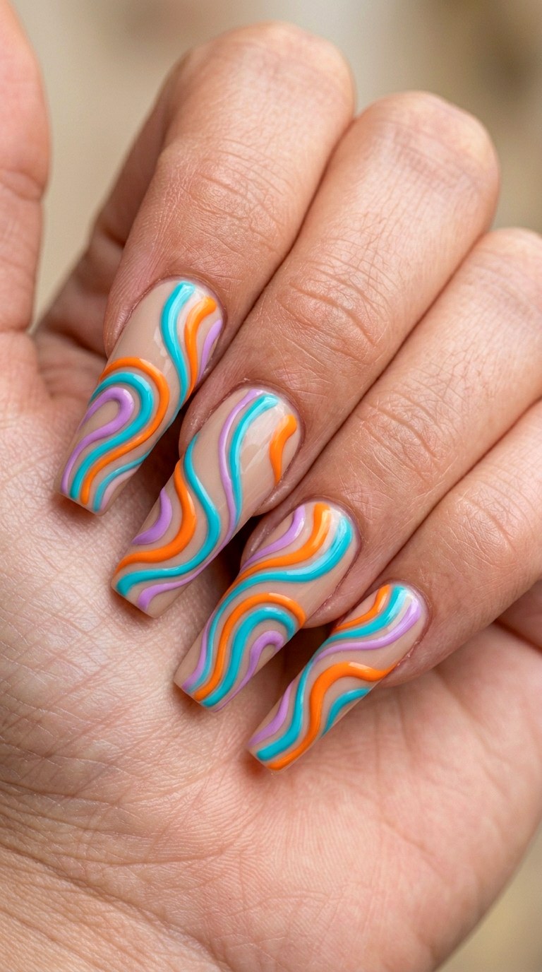 Retro Swirl Patterns - 26 Vacation Summer Multicolor Acrylic Nails