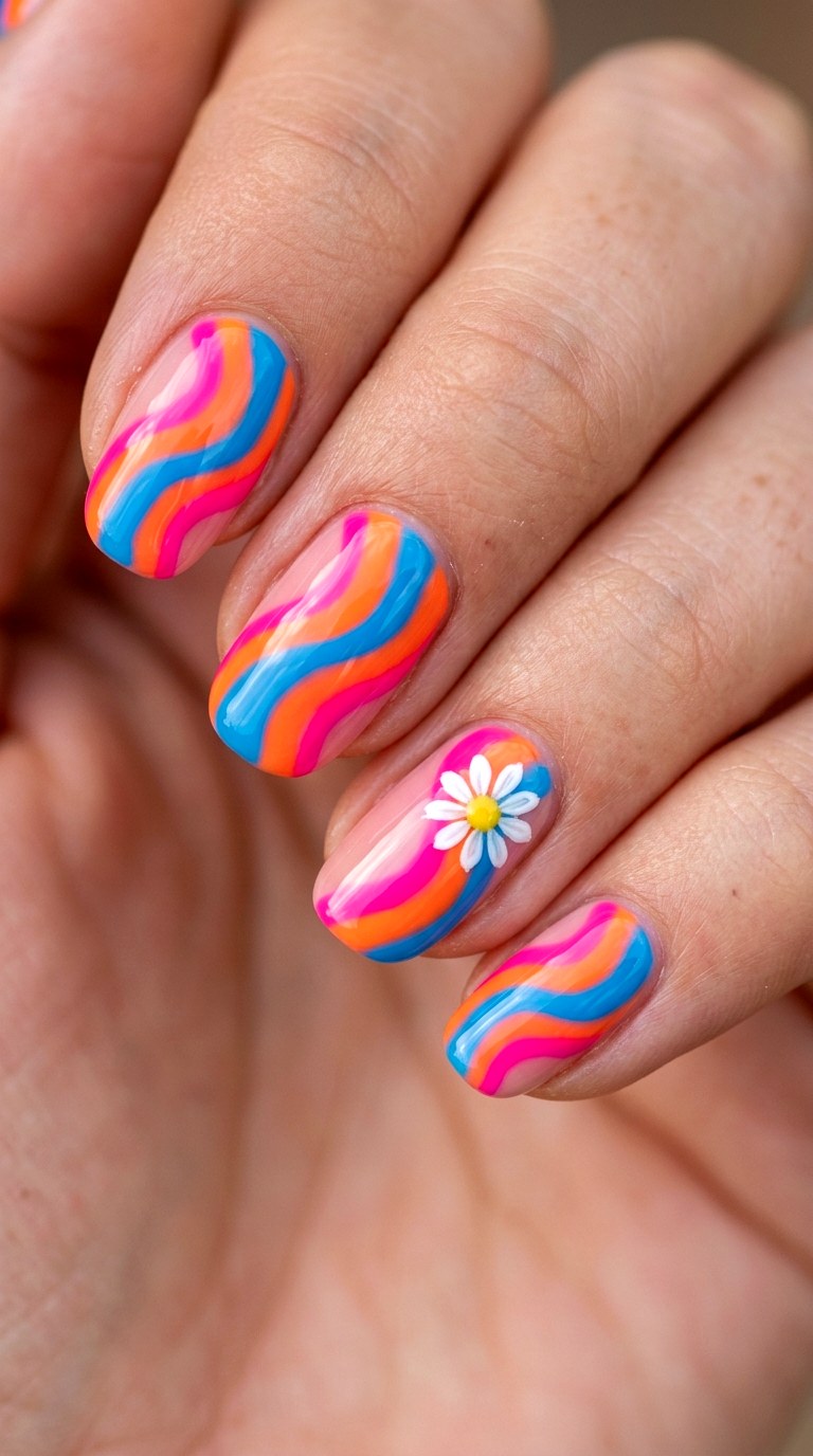 Retro Waves and Daisy Details - 23 Trendy Spring Color Street Nails