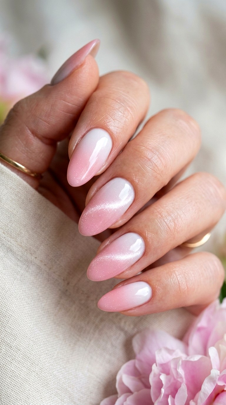 Reverse Gradient Cat Eye Nails - 20 Spring Pink and White Gradient Cat Eye Nails Ideas
