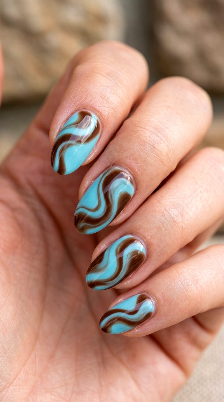 Robins Egg Blue and Chocolate Brown Swirl - 30 Brunch Spring Two Colored Nails