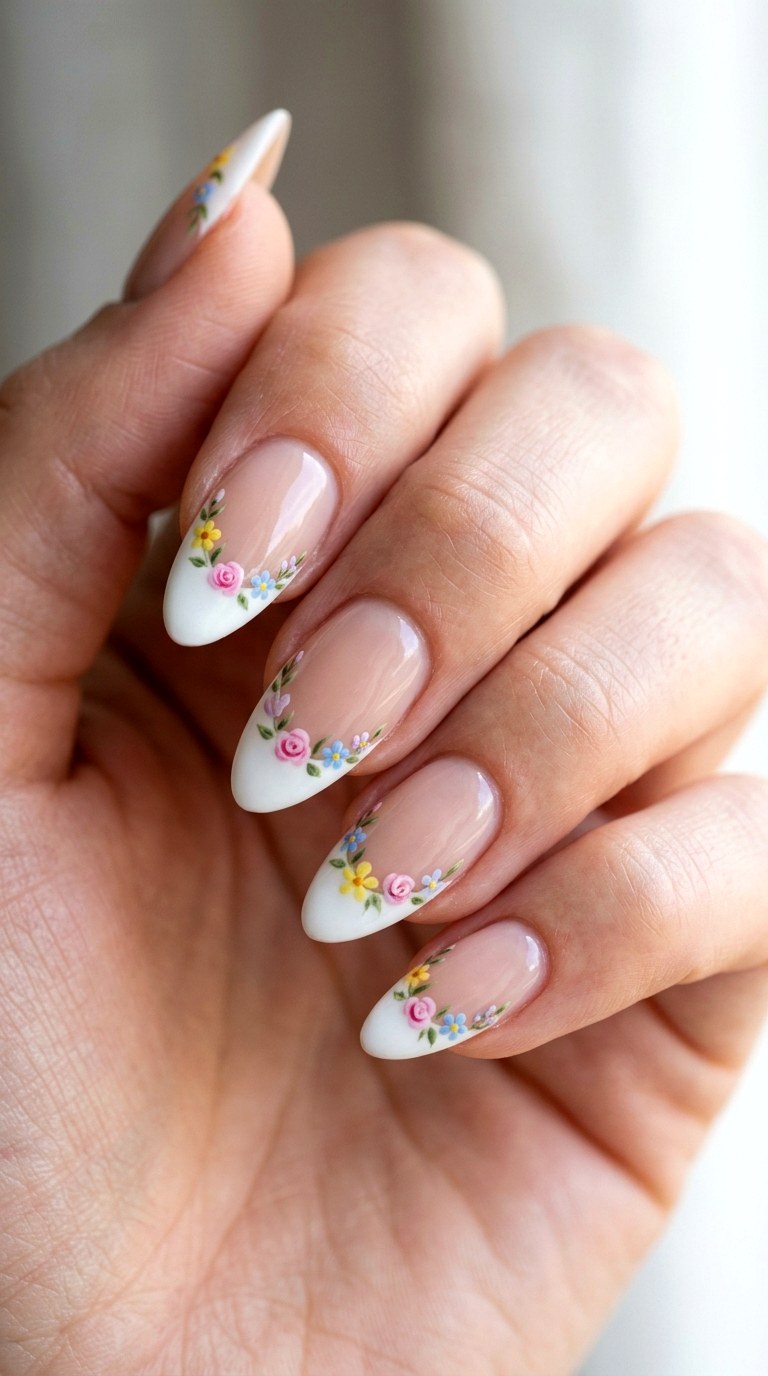 Romantic Almond French with Flowers - 21 Classic Spring Acrylic Nails
