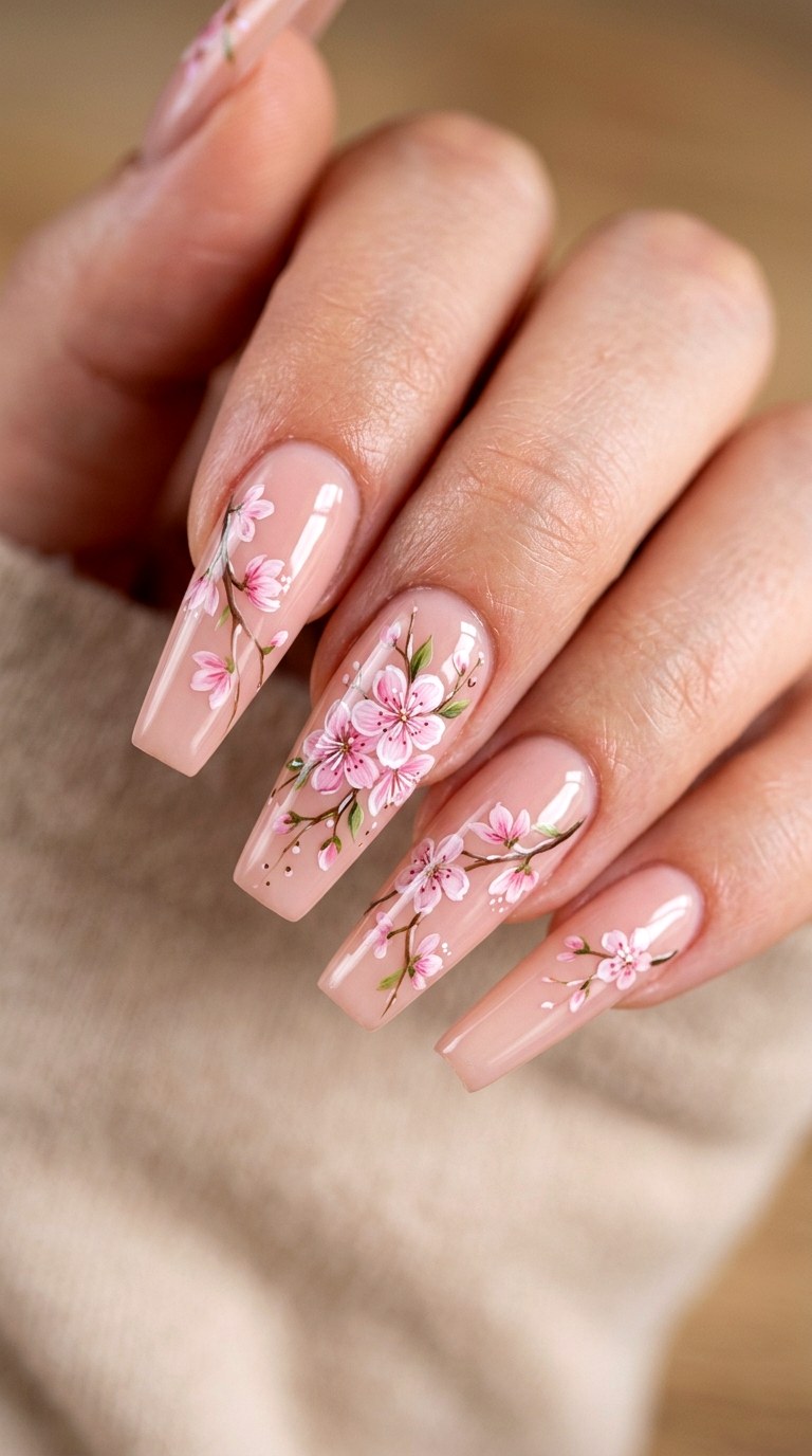Romantic Blossom Pink Coffin Nails - 22 Pink Spring Acrylic Nails