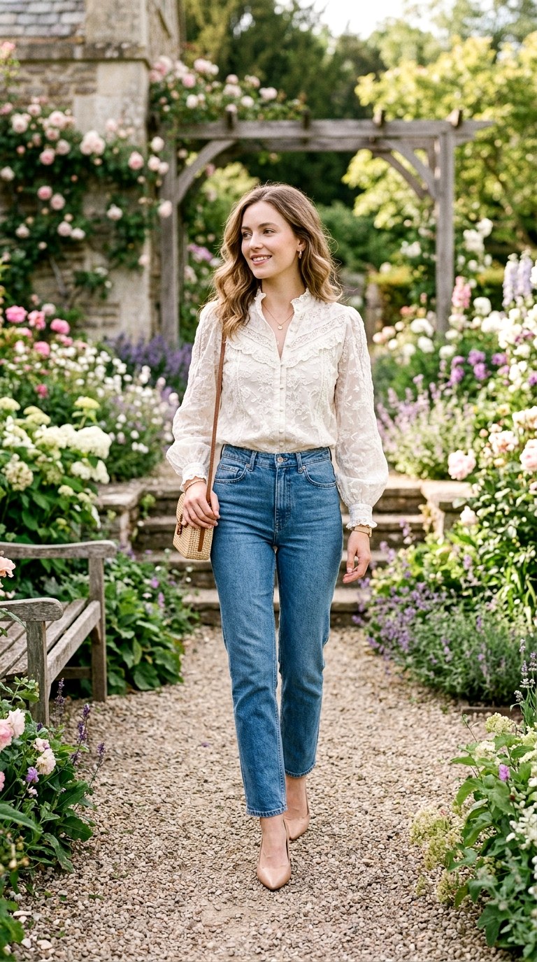 Romantic Lace Blouse with Jeans - 24 Beautiful Spring Outfit Inspirations 2026 for a Fresh New Look