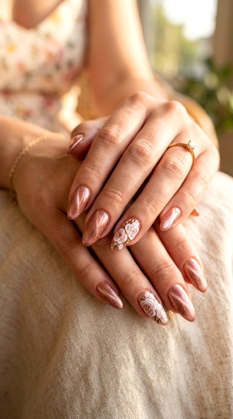 Rose Gold Cat Eye Nails with Elegant Florals - 22 Summer Glossy Floral Cat Eye Nails Ideas