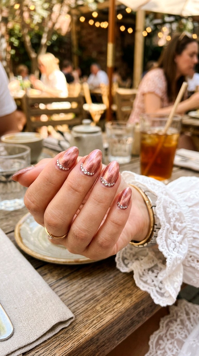 Rose Gold Cat Eye with Crystal Half Moon - 21 Summer Crystal Accent Cat Eye Nails Ideas