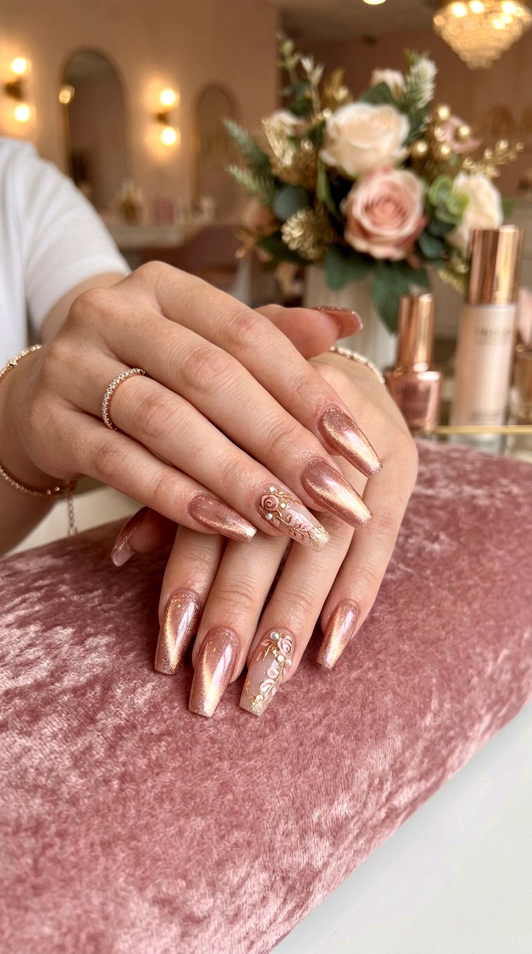 Rose Gold Floral Cat Eye Nails - 20 Spring Floral Cat Eye Nails Ideas