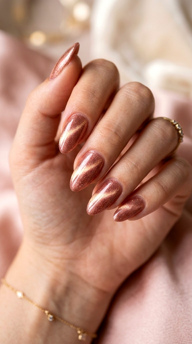 Rose Gold Soft Cat Eye Nails - 20 Summer Soft Gold Cat Eye Nails Ideas