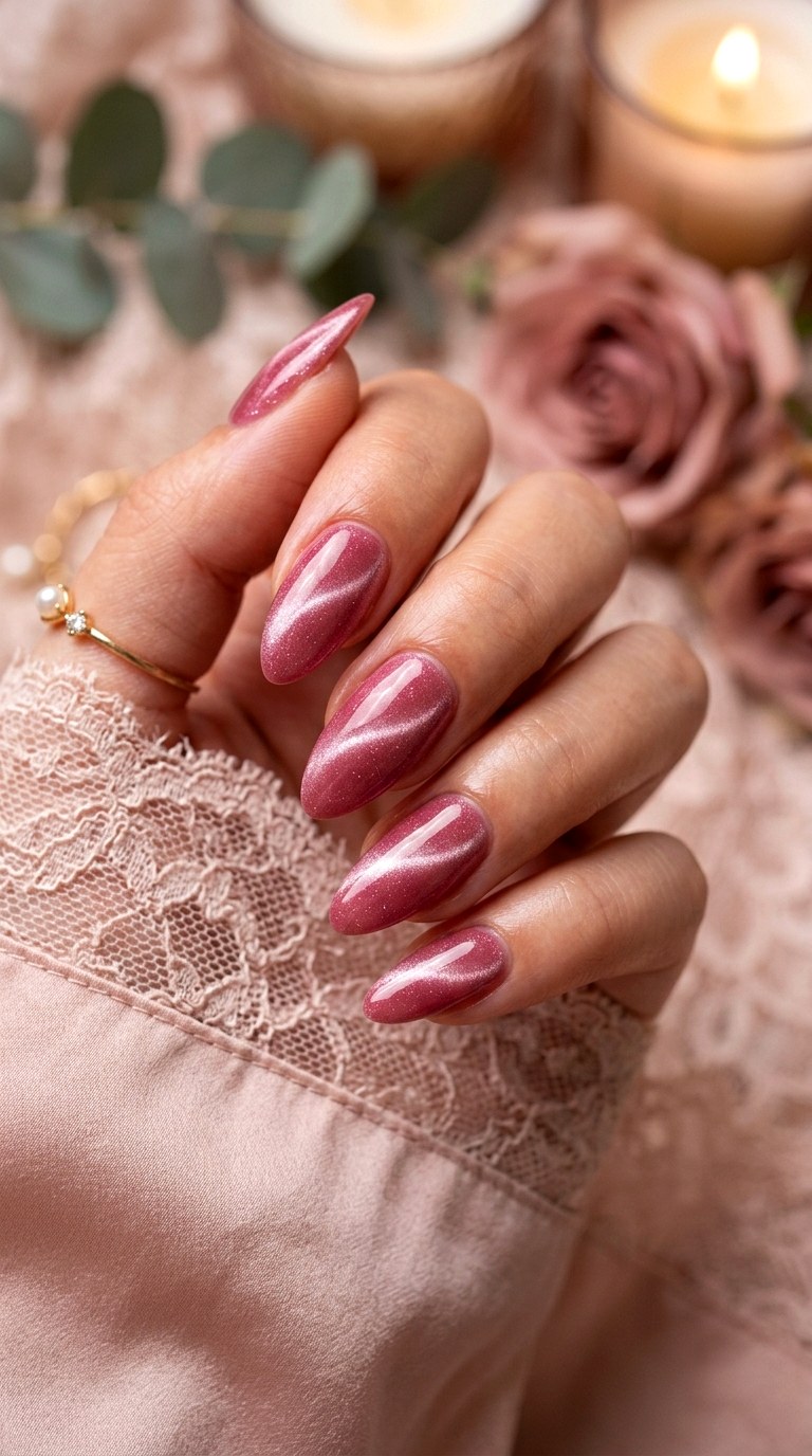 Rose Pink Cat Eye with Curved Shimmer Accent - 22 Summer Pink Cat Eye Nails with Shimmer Line Ideas