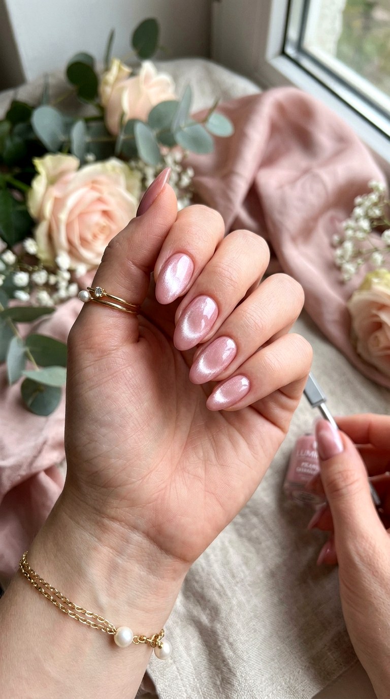 Rose Pink and Pearl White Glow - 26 Summer Dual-Tone Magnetic Cat Eye Nails Ideas