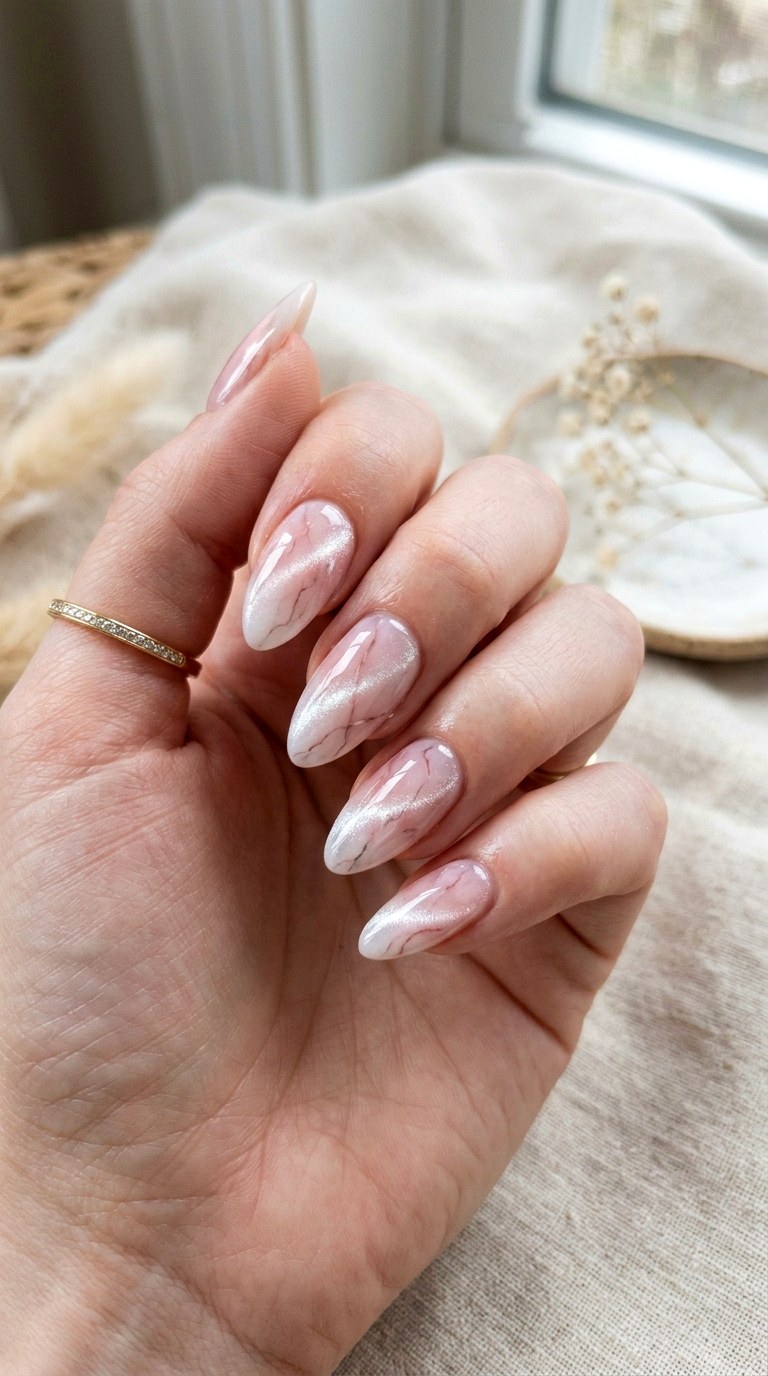 Rose Quartz Inspired Cat Eye Nails - 21 Summer Pink and White Gradient Cat Eye Nails Ideas
