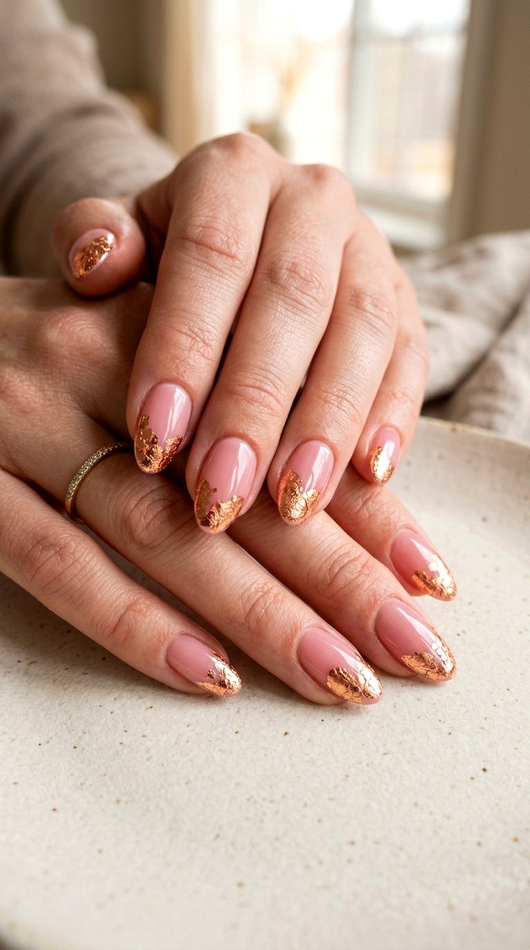 Rose Quartz and Bronze Foil Details - 27 Chic Spring Two Colored Nails