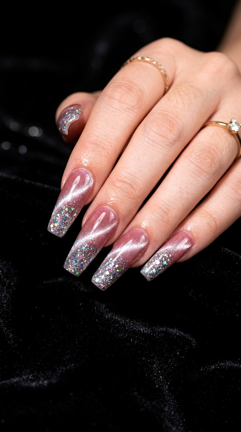 Rosy Blush Cat Eye with Chunky Glitter Tips - 20 Spring Blush Cat Eye Nails with Glitter Ideas