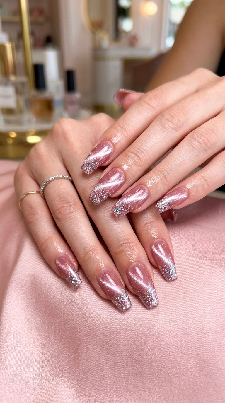 Rosy Blush Cat Eye with Glitter Tips - 21 Summer Blush Cat Eye Nails with Glitter Ideas