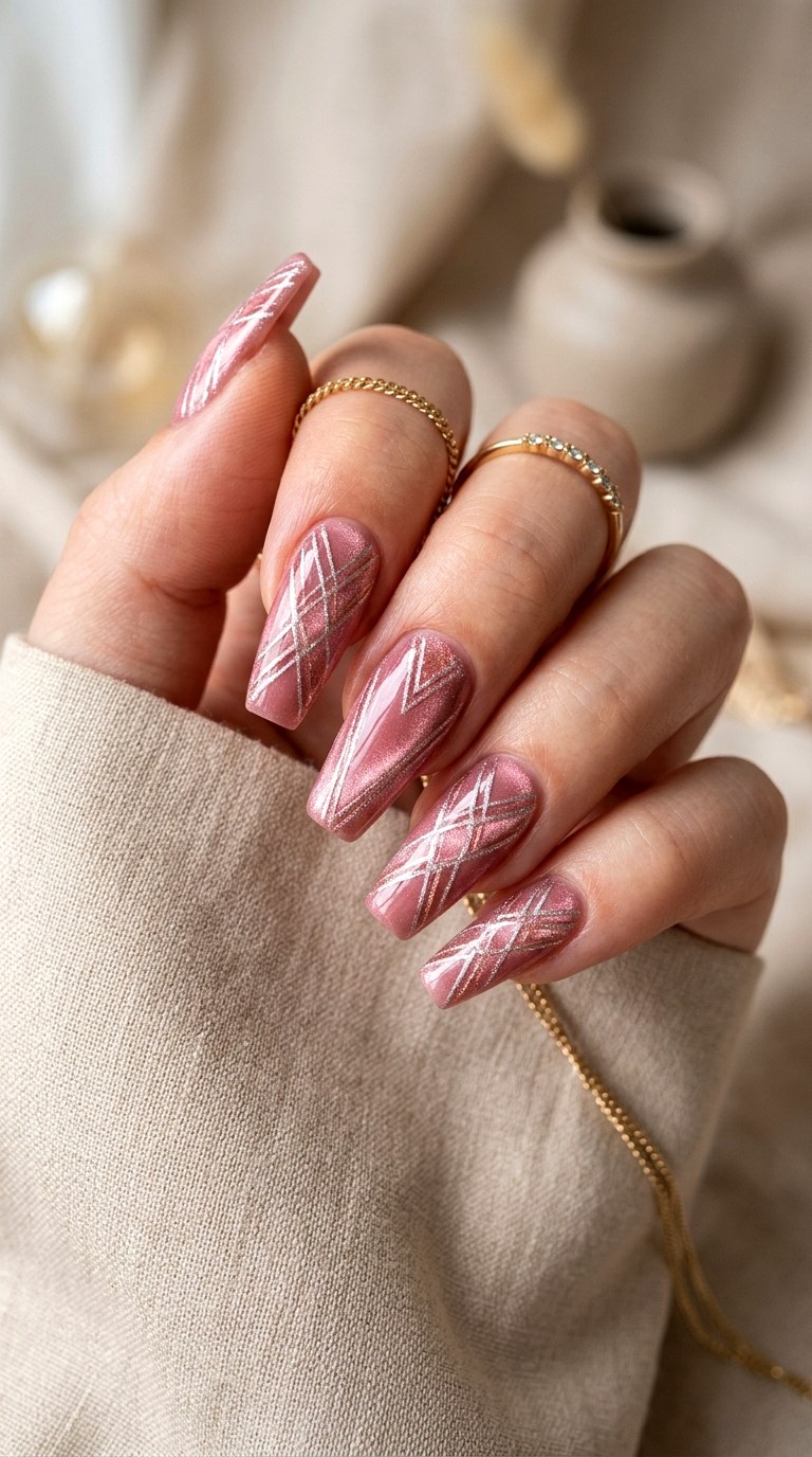 Rosy Pink Cat Eye with Crisscross Shimmer Lines - 22 Summer Pink Cat Eye Nails with Shimmer Line Ideas