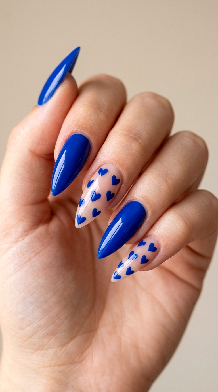 Royal Blue Heart Accents - 28 Sharp Spring Stiletto Nails