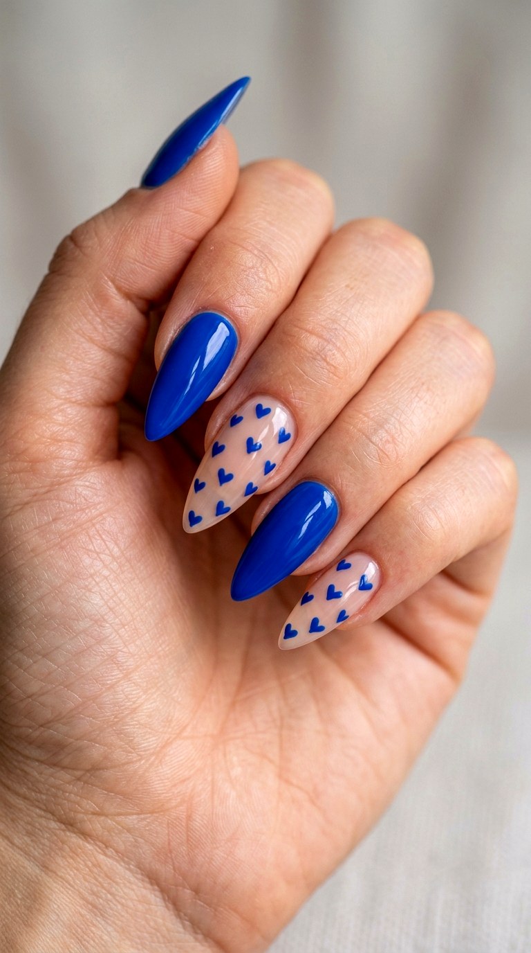 Royal Blue Heart Accents - 27 Fierce Spring Stiletto Nails