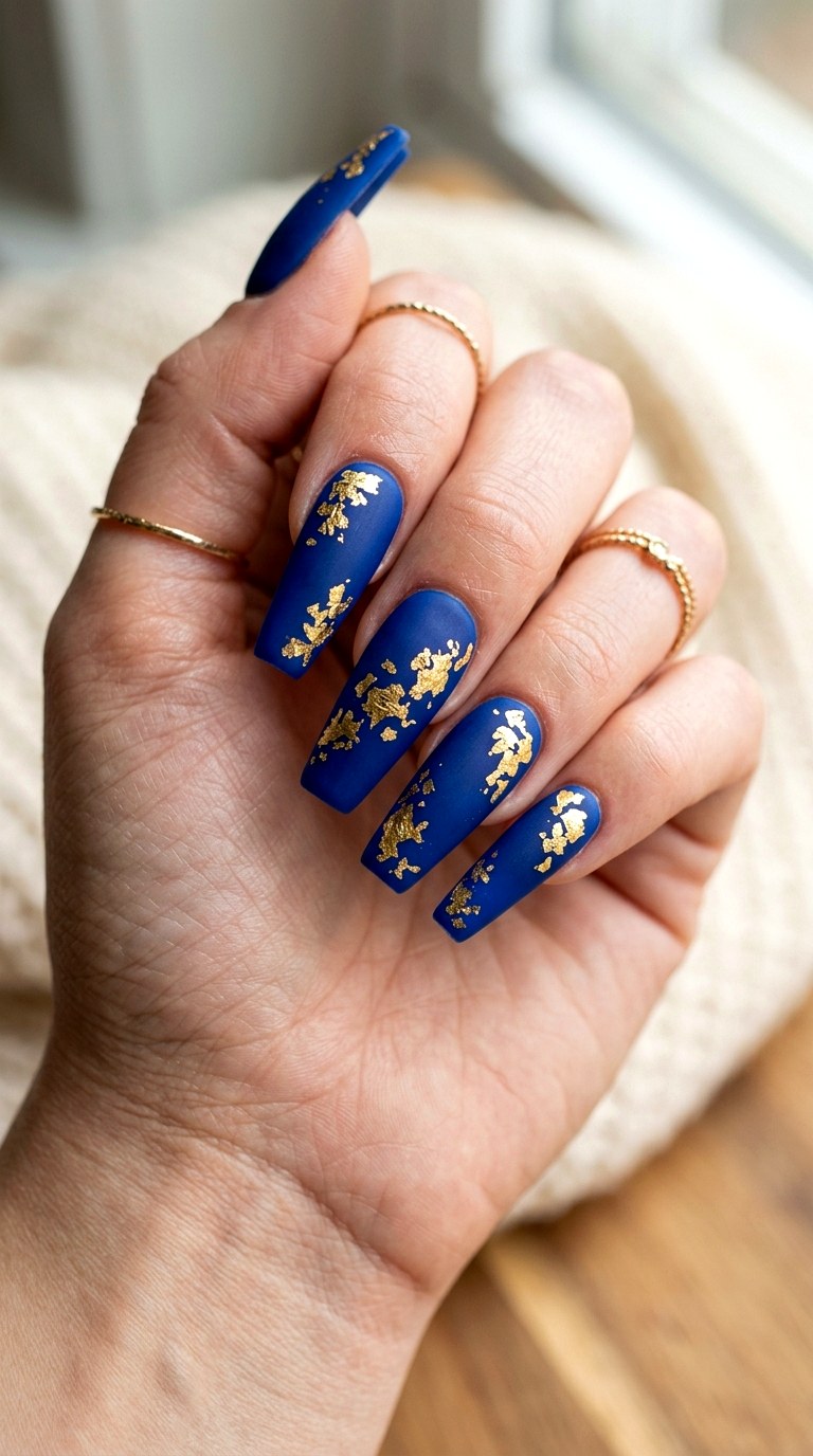 Royal Blue Matte with Gold Leaf - 26 Matte Spring Acrylic Nails