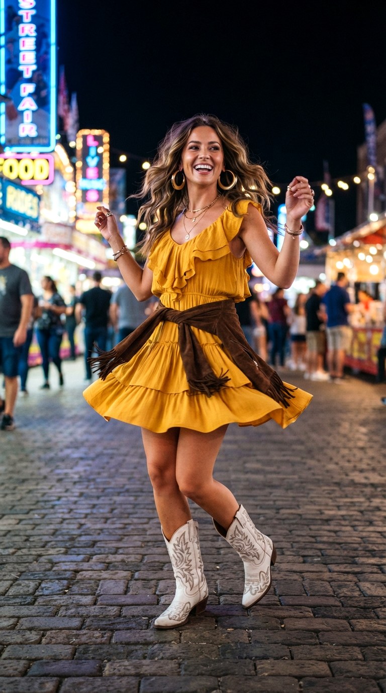 Ruffled Mini Dress with Cowboy Boots Western Chic Outfit - 29 western chic outfits
