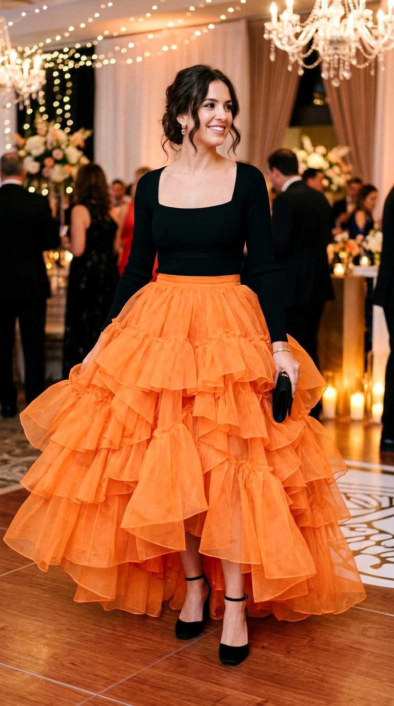 Ruffled Tangerine Organza Party Skirt - 20 orange skirt