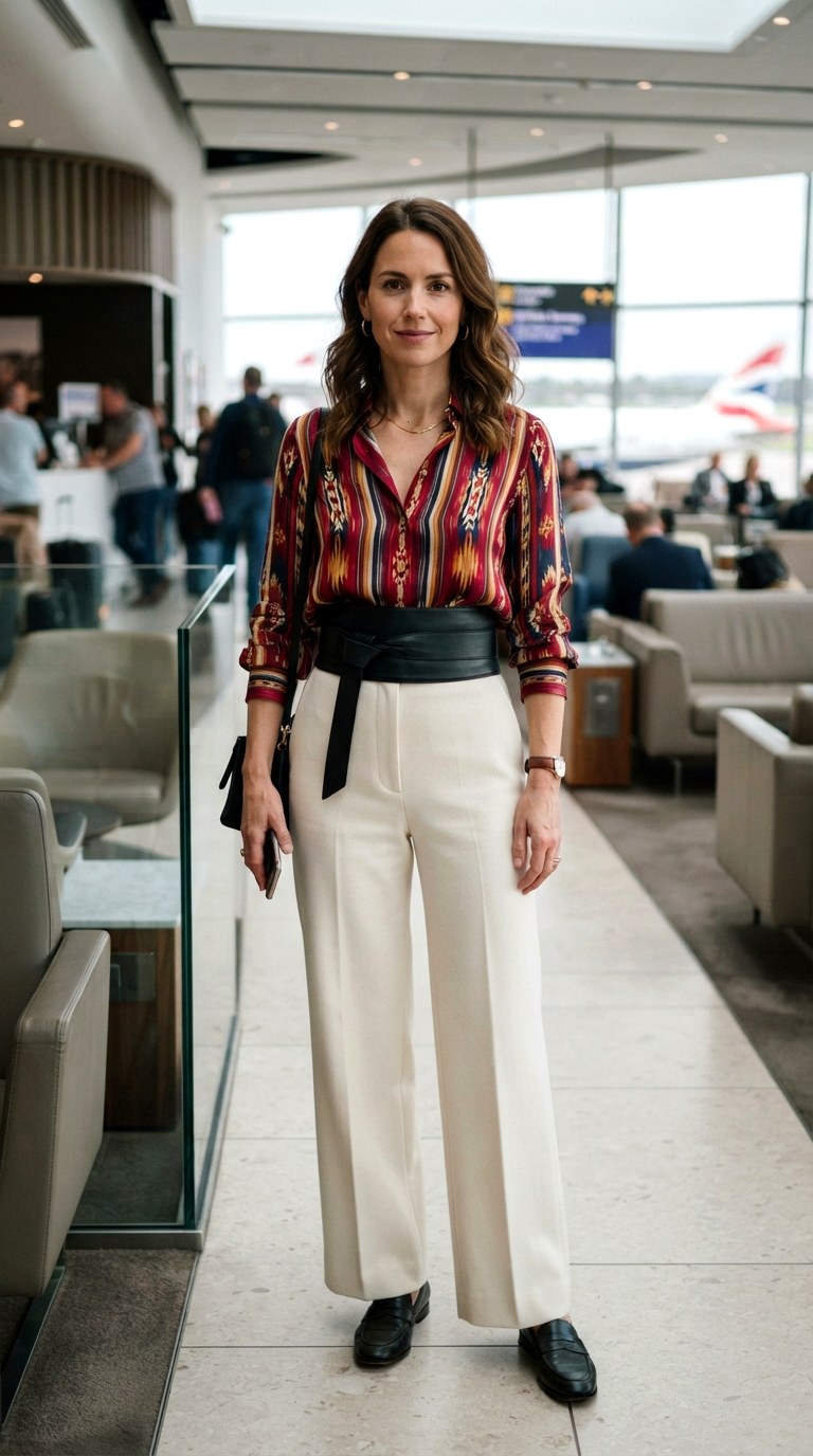Saddle Pad Print Top with White Trousers Western Chic Outfit - 29 western chic outfits