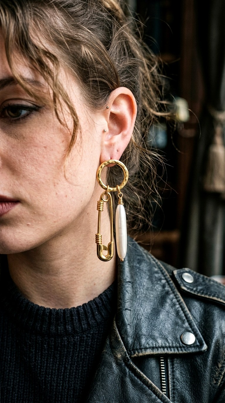 Safety Pin and Freshwater Drop Gold Earnings - 27 earring stacks gold