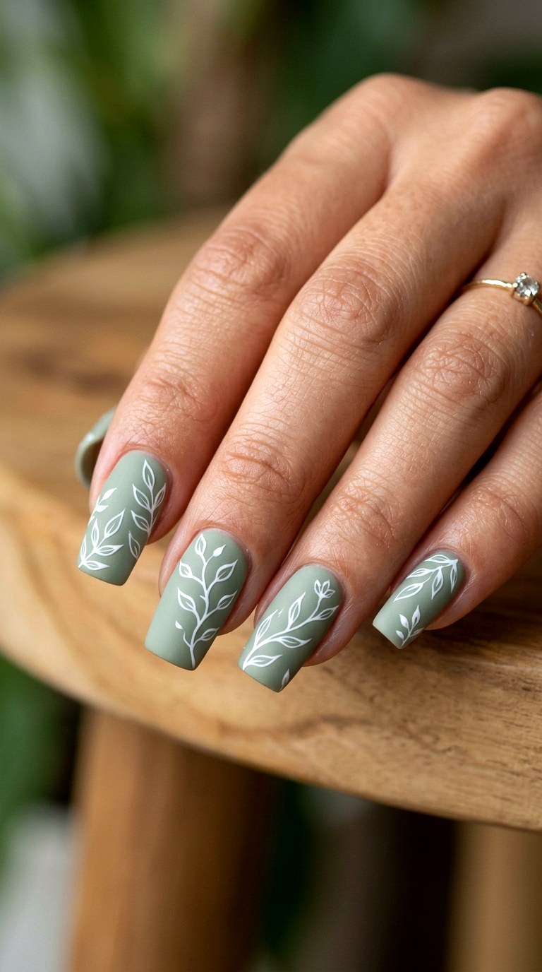Sage Green Botanical Lines - 26 Floral Spring Acrylic Nails