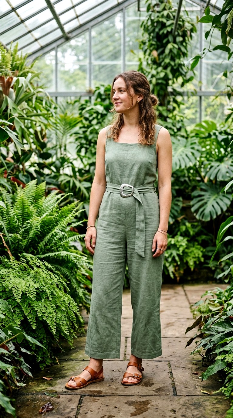 Sage Green Linen Jumpsuit with Leather Sandals - 23 old money outfits summer