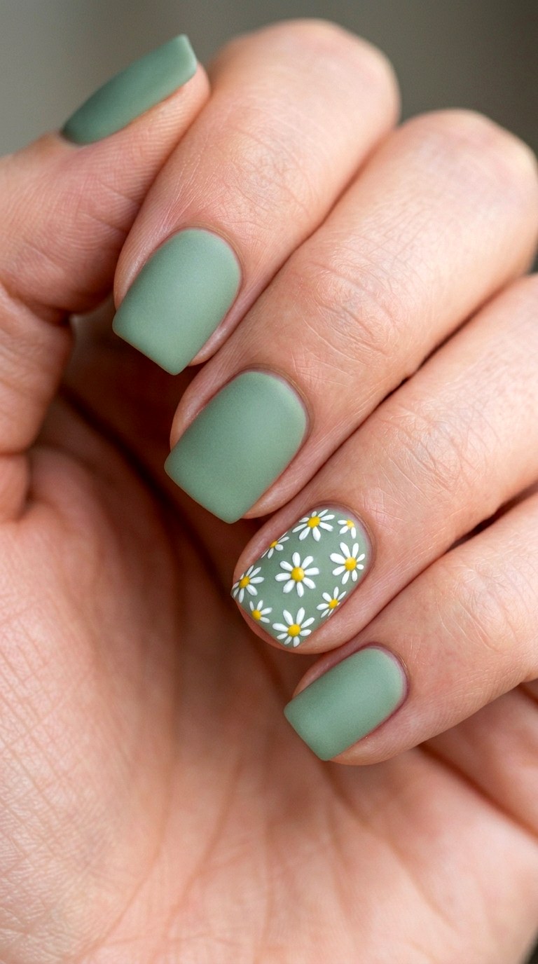 Sage Green Matte with White Daisy Details - 21 Matte Spring Multicolor Nails
