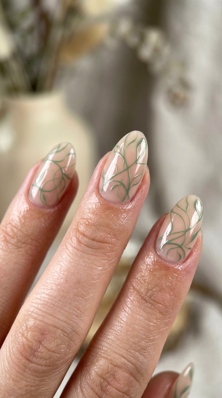 Sage Green Stem Silhouettes - 29 Fine-Line Spring Acrylic Nails