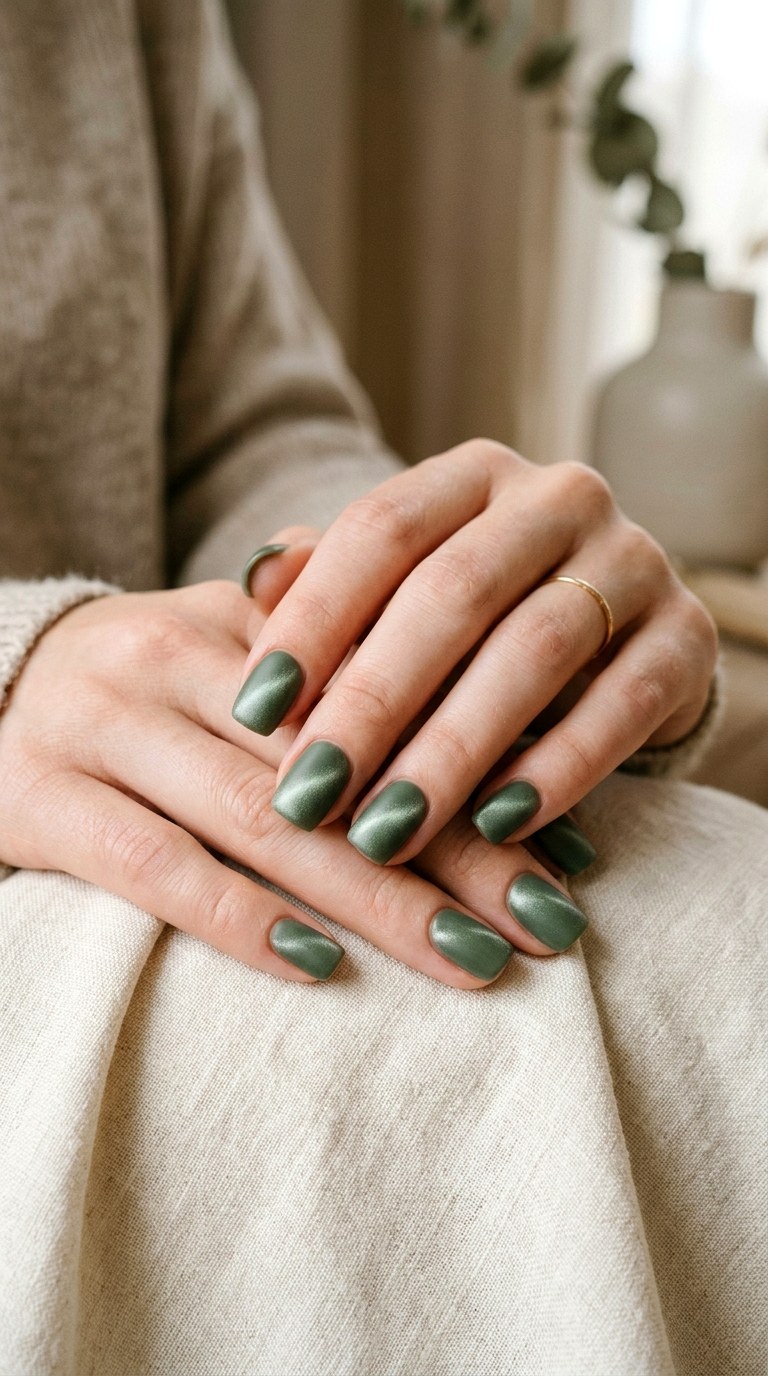 Sage Green Velvet Cat Eye - 23 Summer Soft Green Shimmer Cat Eye Nails Ideas