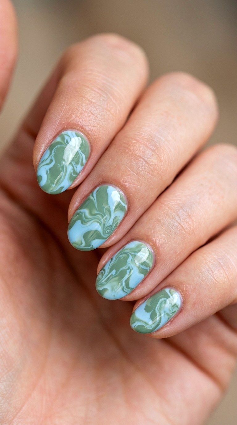 Sage Green and Baby Blue Fluidity - 20 Abstract Spring Two Colored Nails