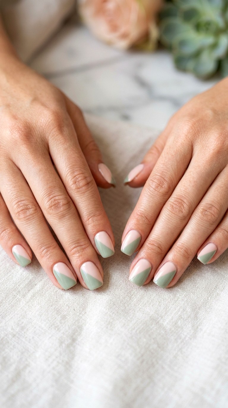 Sage Green and Blush Diagonal Split - 27 Chic Spring Two Colored Nails
