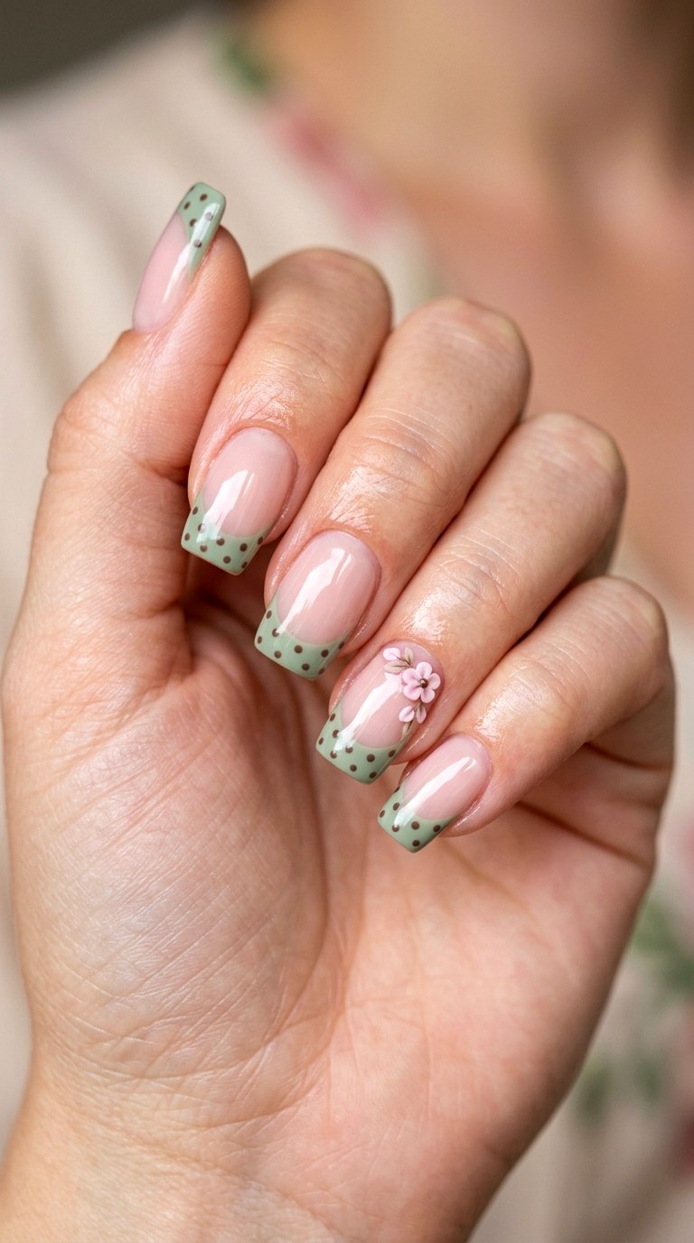 Sage Green and Blush Polka French Tips - 21 Unique Spring Multicolor Acrylic Nails