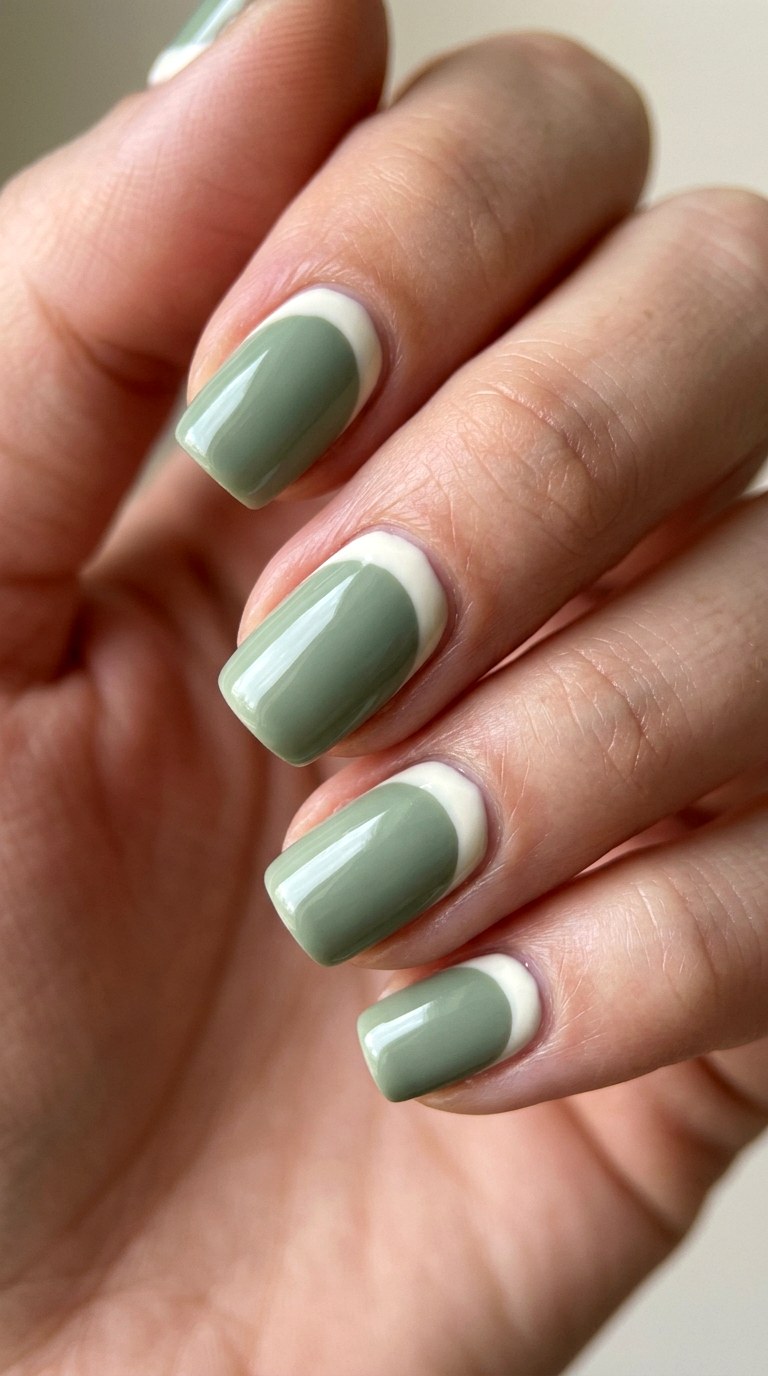 Sage Green and Cream Color Blocking - 24 Classy Spring Two Colored Nails