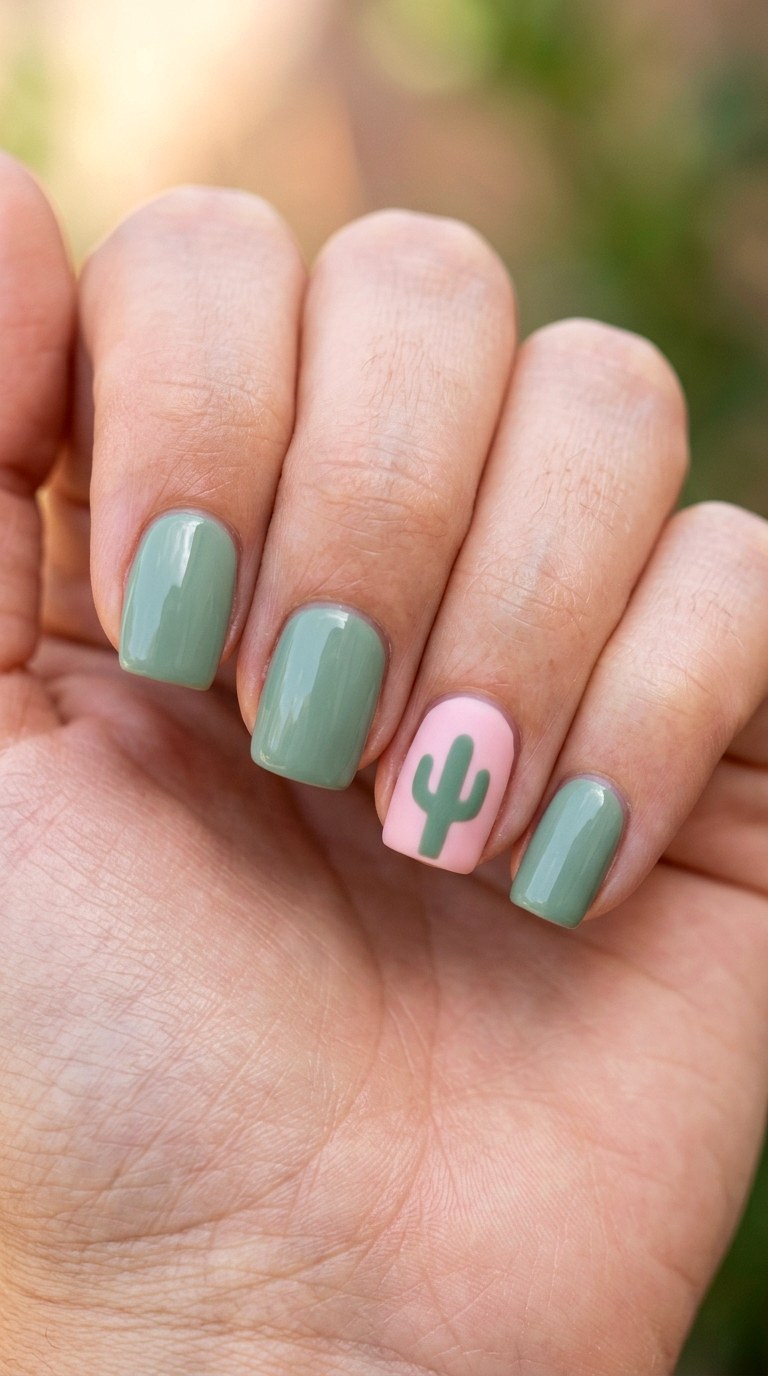 Sage Green with Cactus Silhouette - 27 Graphic Spring Two Colored Nails