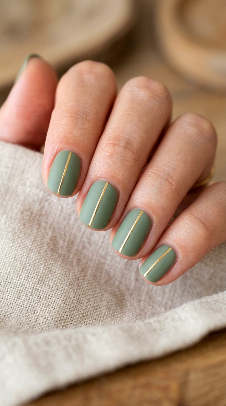 Sage Green with Fine Gold Line - 25 Simple Spring Two Colored Nails