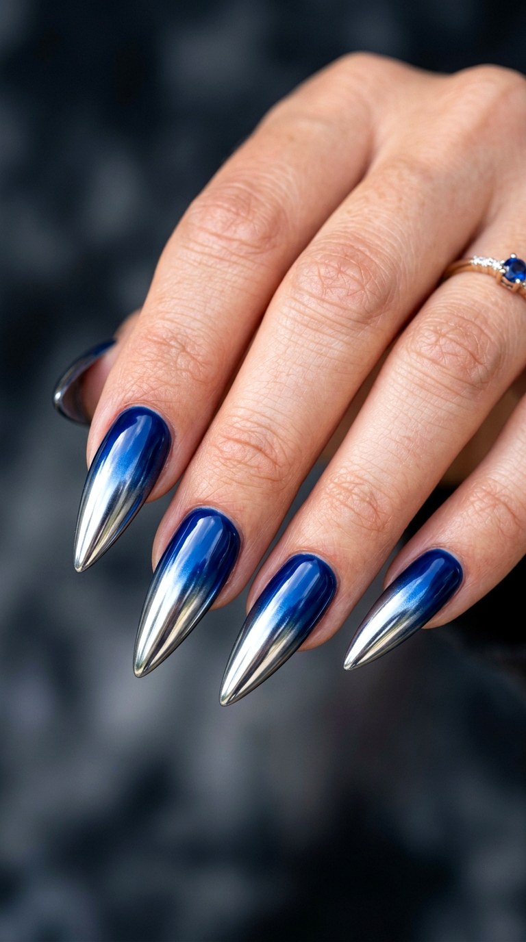 Sapphire Blue and Chrome Tips - 28 Sharp Spring Stiletto Nails