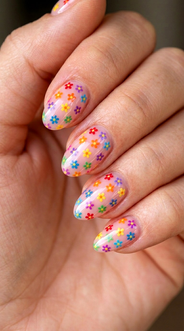 Scattered Rainbow Daisies on Sheer Pink - 26 Early Spring Multicolor Acrylic Nails