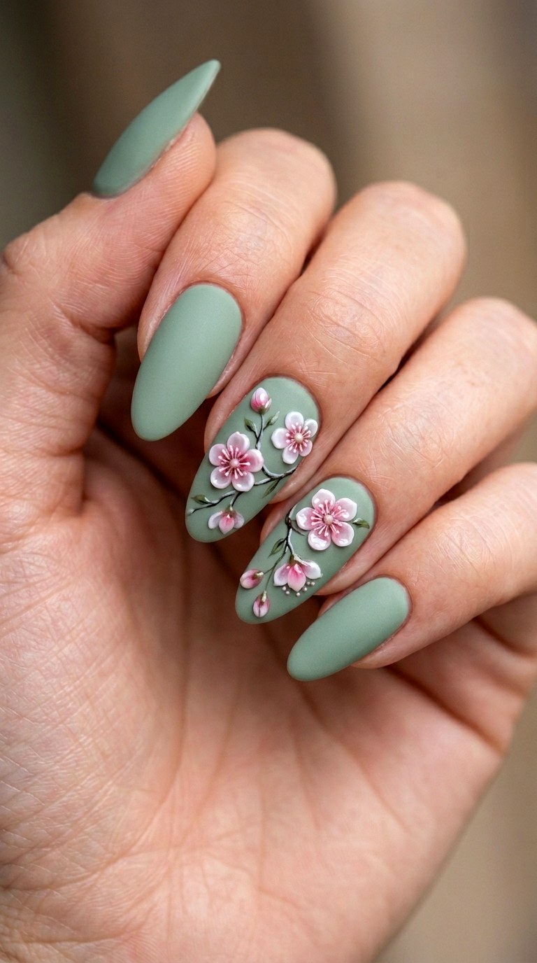 Sculpted Cherry Blossom on Matte Sage - 20 Sunny Spring Multicolor Acrylic Nails