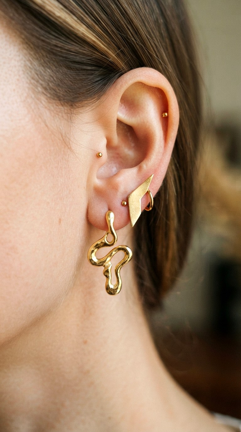Sculptural Abstract Art Forms - 20 earring stacks gold 2 holes