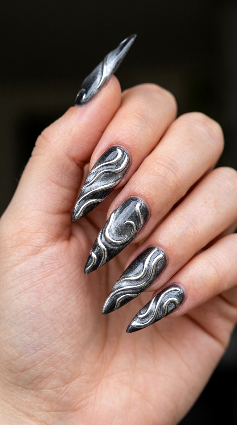Sculptural Liquid Metal Chrome - 21 Edgy Spring Stiletto Nails