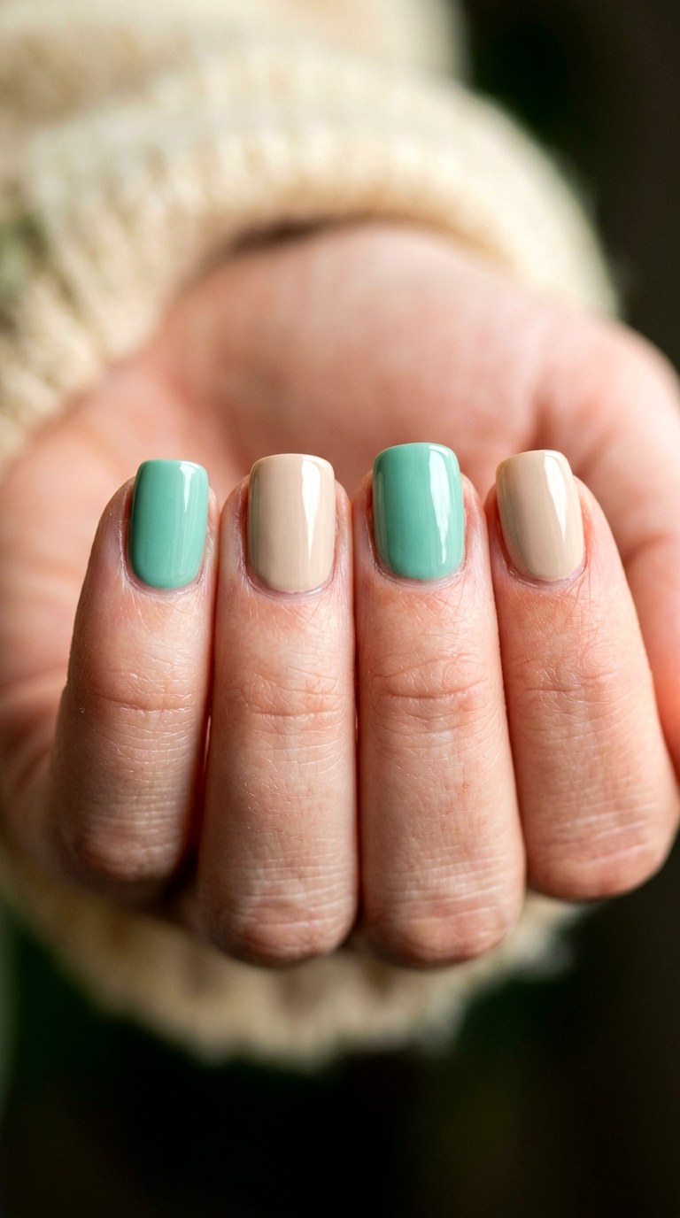Seafoam Green and Beige Blocks - 22 Minimalist Spring Two Colored Nails