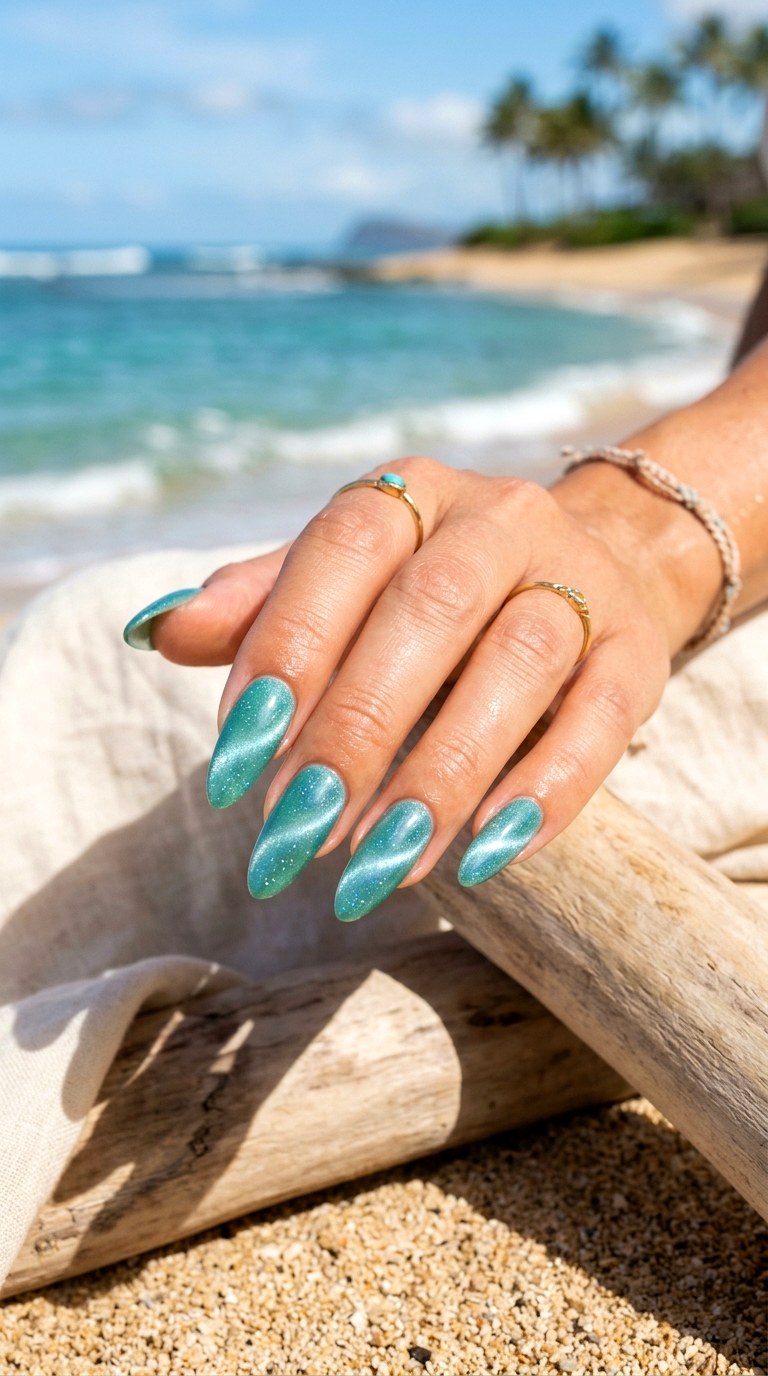 Seafoam Spark Cat Eye Nails - 23 Summer Soft Green Shimmer Cat Eye Nails Ideas