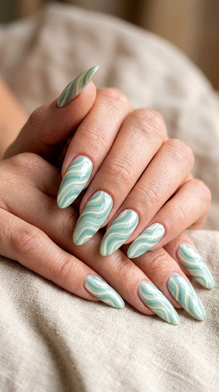 Seafoam and Ivory Wavy Lines - 27 Chic Spring Two Colored Nails