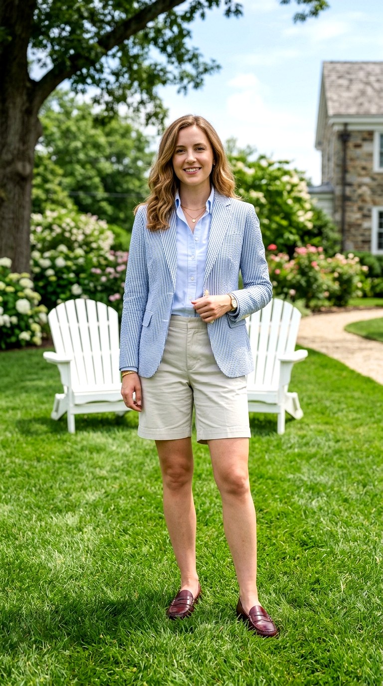 Seersucker Blazer Over a Pale Blue Oxford - 23 old money outfits summer