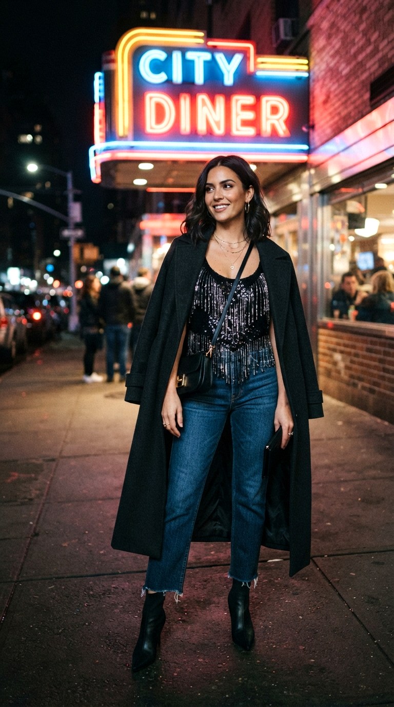 Sequin Fringe Top with Raw Hem Jeans Western Chic Outfit - 29 western chic outfits