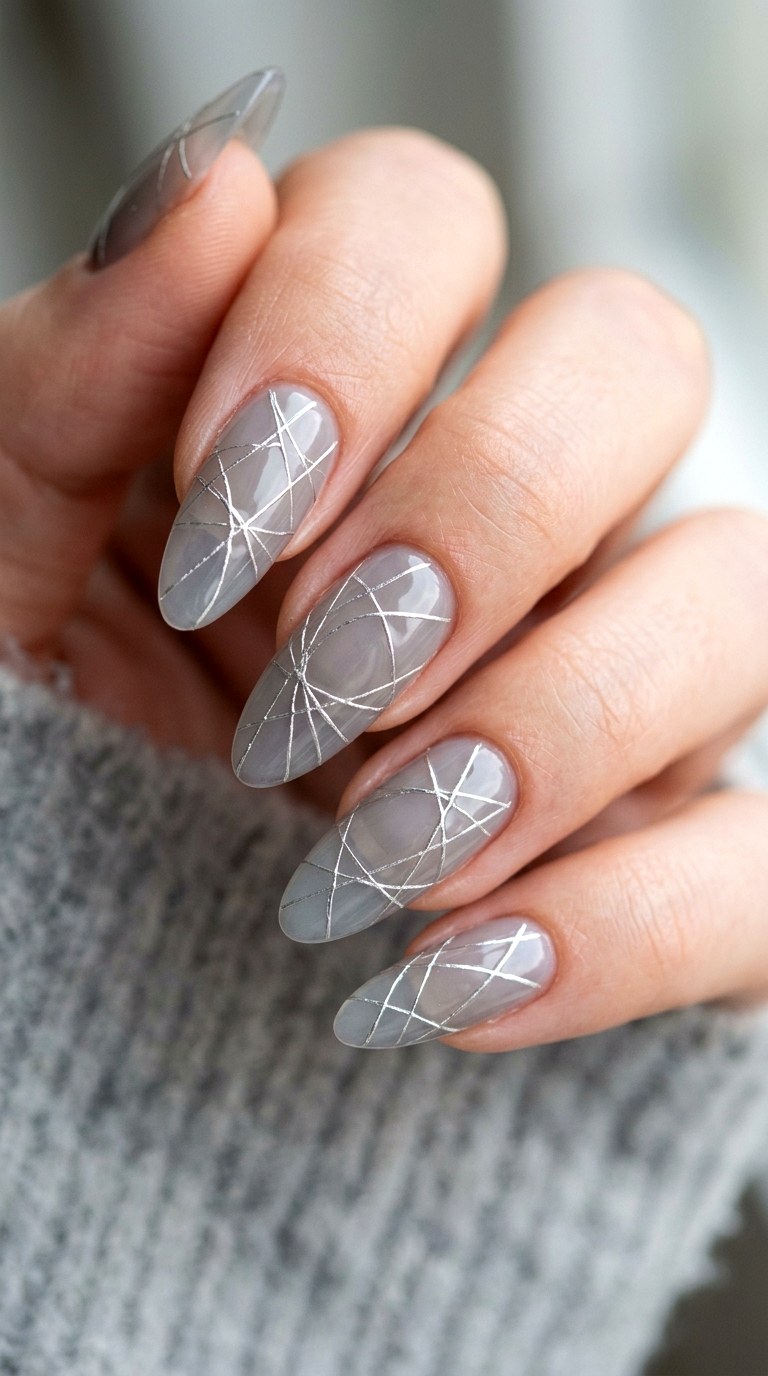 Sharp Silver String Detailing - 29 Fine-Line Spring Acrylic Nails