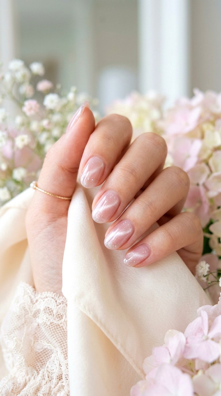 Sheer Blush Cat Eye with Glitter Veil - 20 Spring Blush Cat Eye Nails with Glitter Ideas