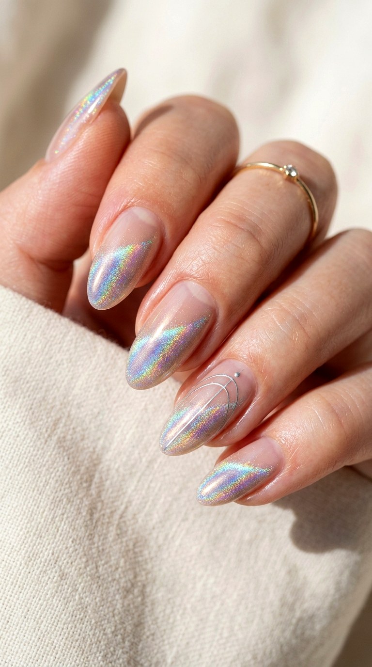 Sheer Nude Base with Holographic Cat Eye - 24 Summer Nude Base Cat Eye Nails Ideas